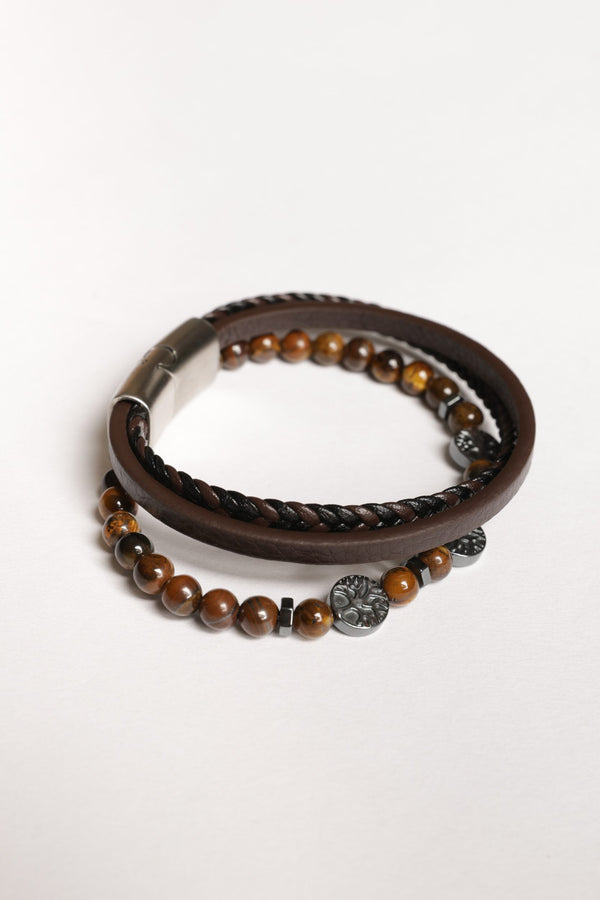 Multi row leather & beads bracelet