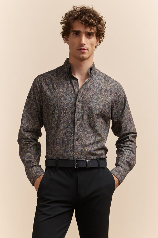 Paisley print fitted shirt with button down collar