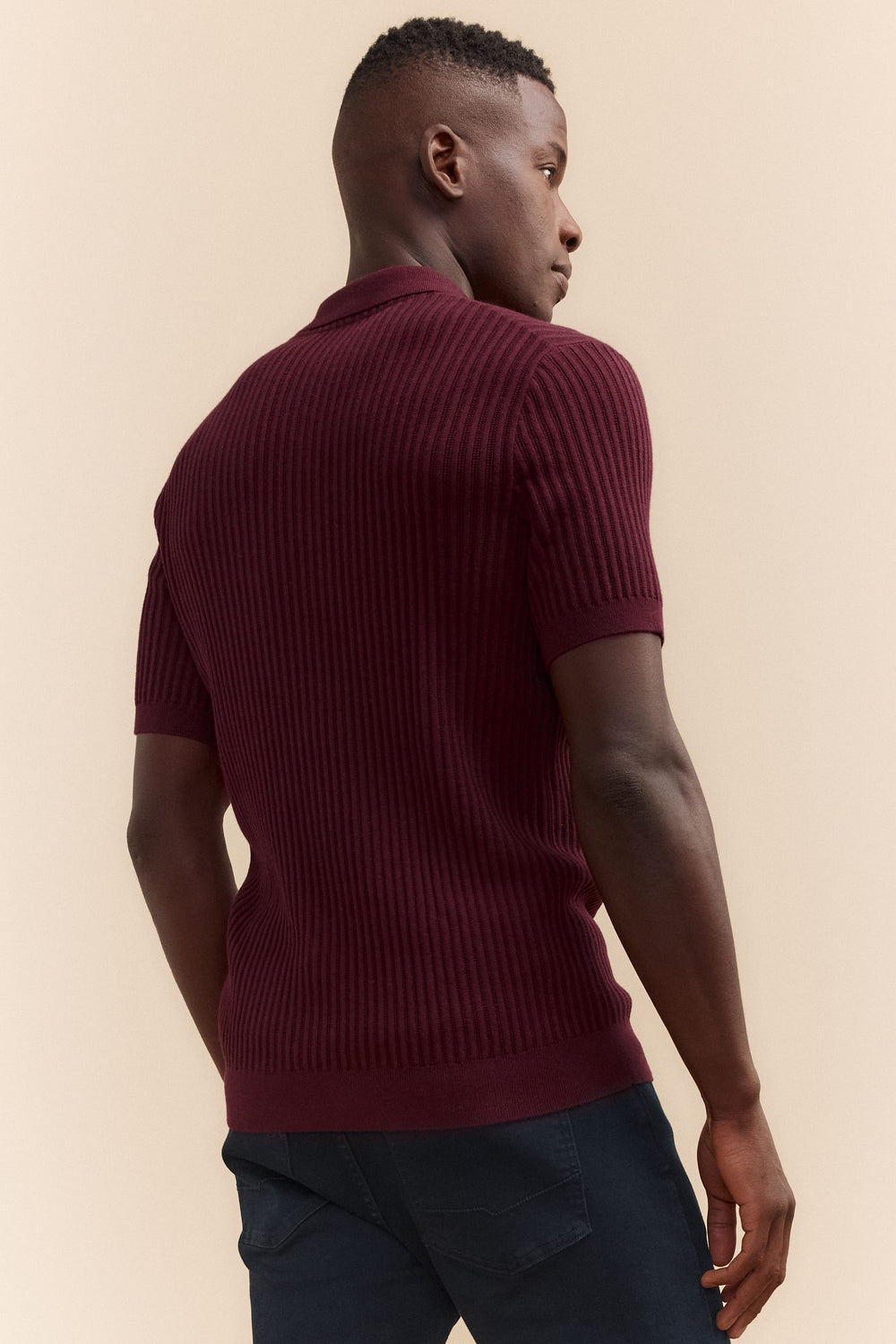 Rib-knit zip polo shirt