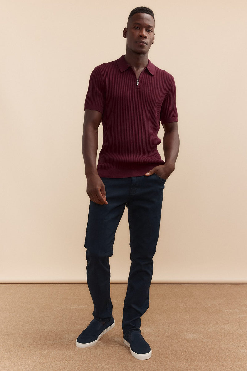 Rib-knit zip polo shirt