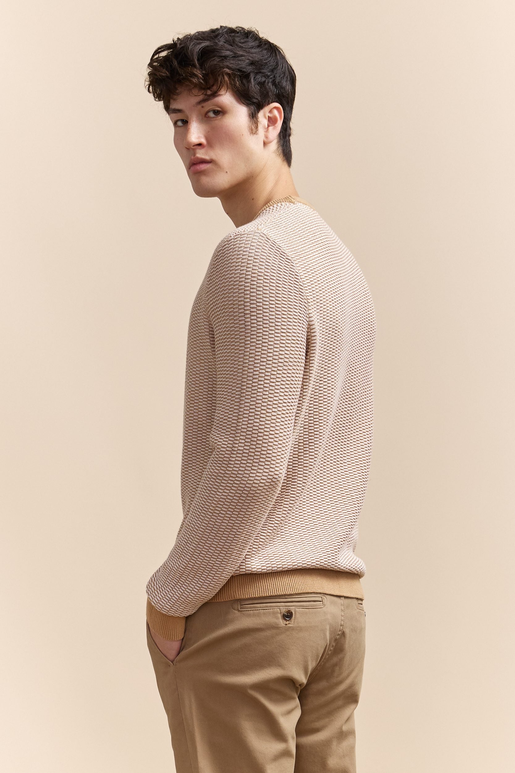 Two Tone Textured Crew Neck Sweater