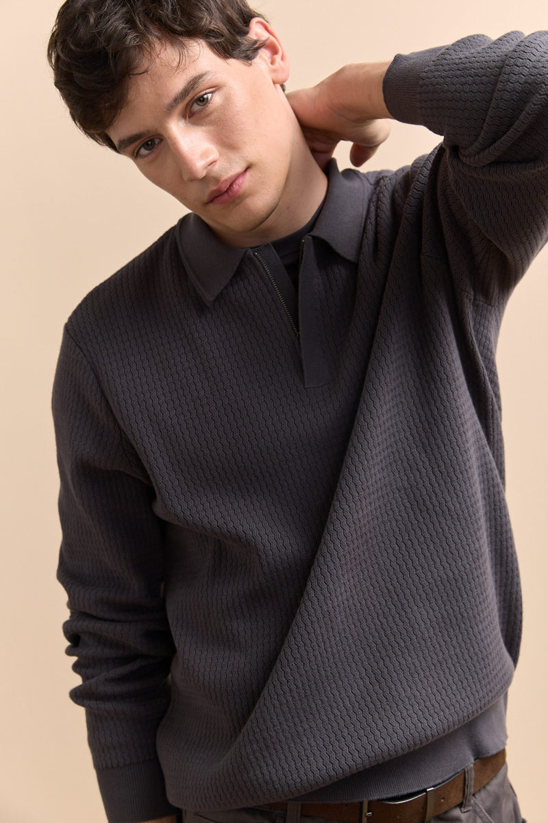 Textured zip polo sweater