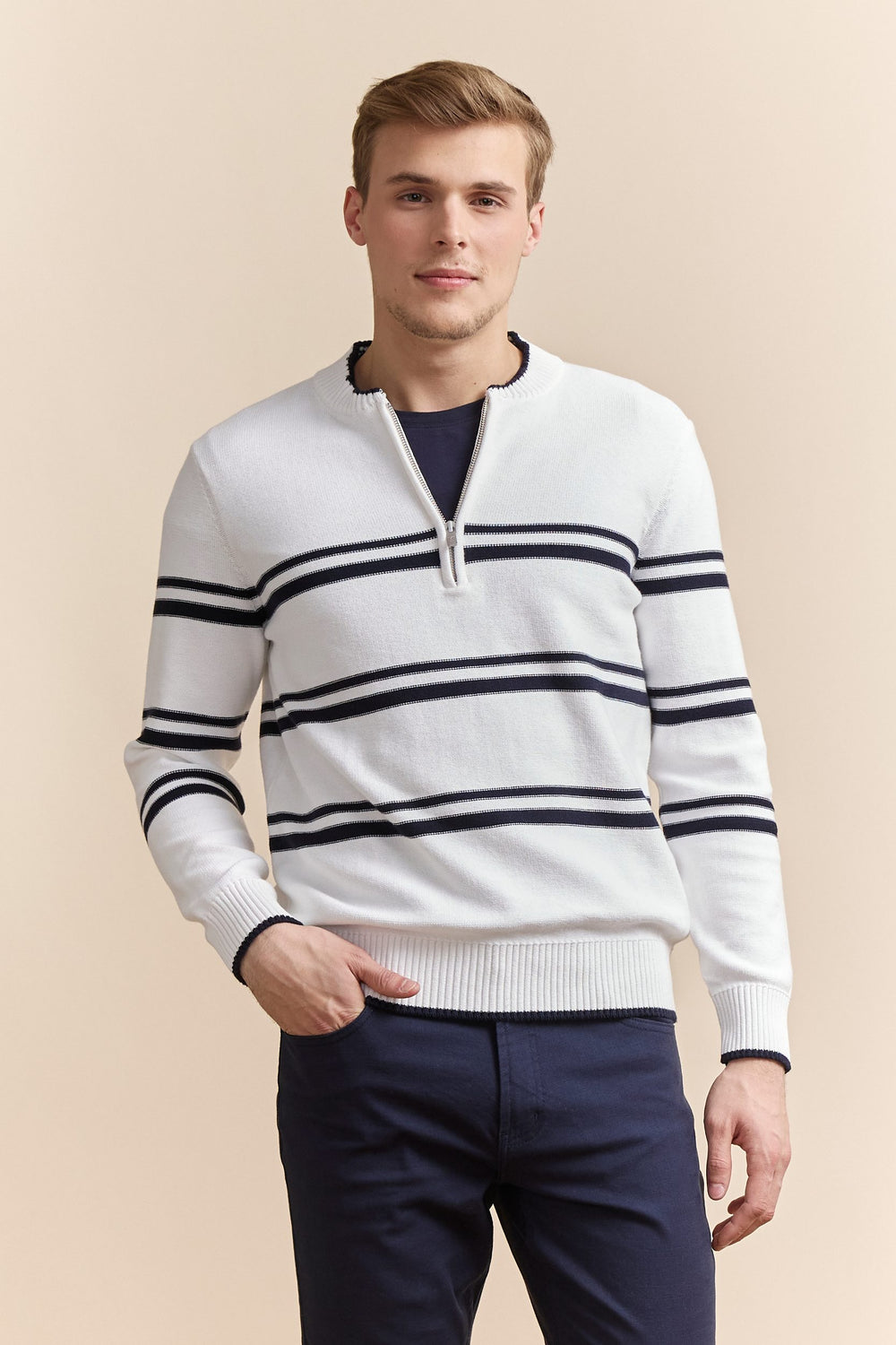 Zip collar nautical stripes sweater