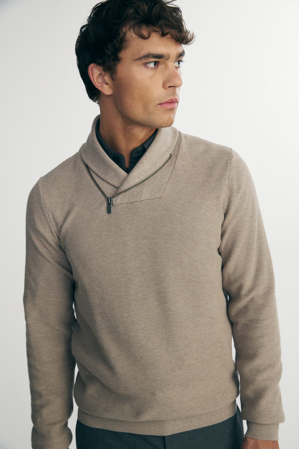 Textured shawl collar sweater