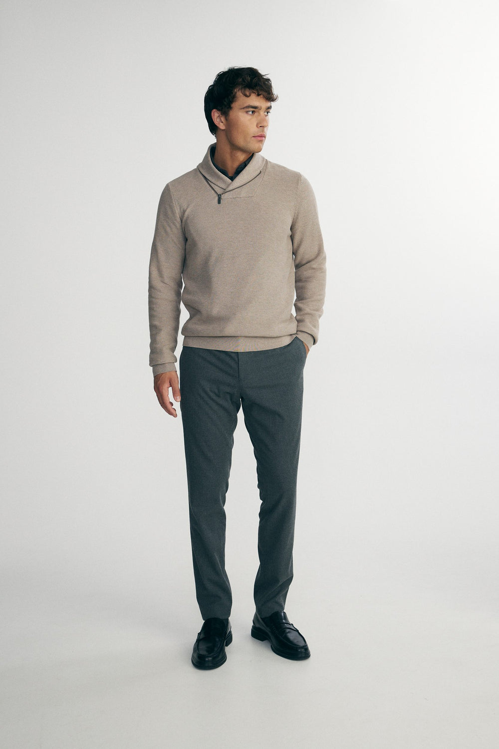 Textured shawl collar sweater