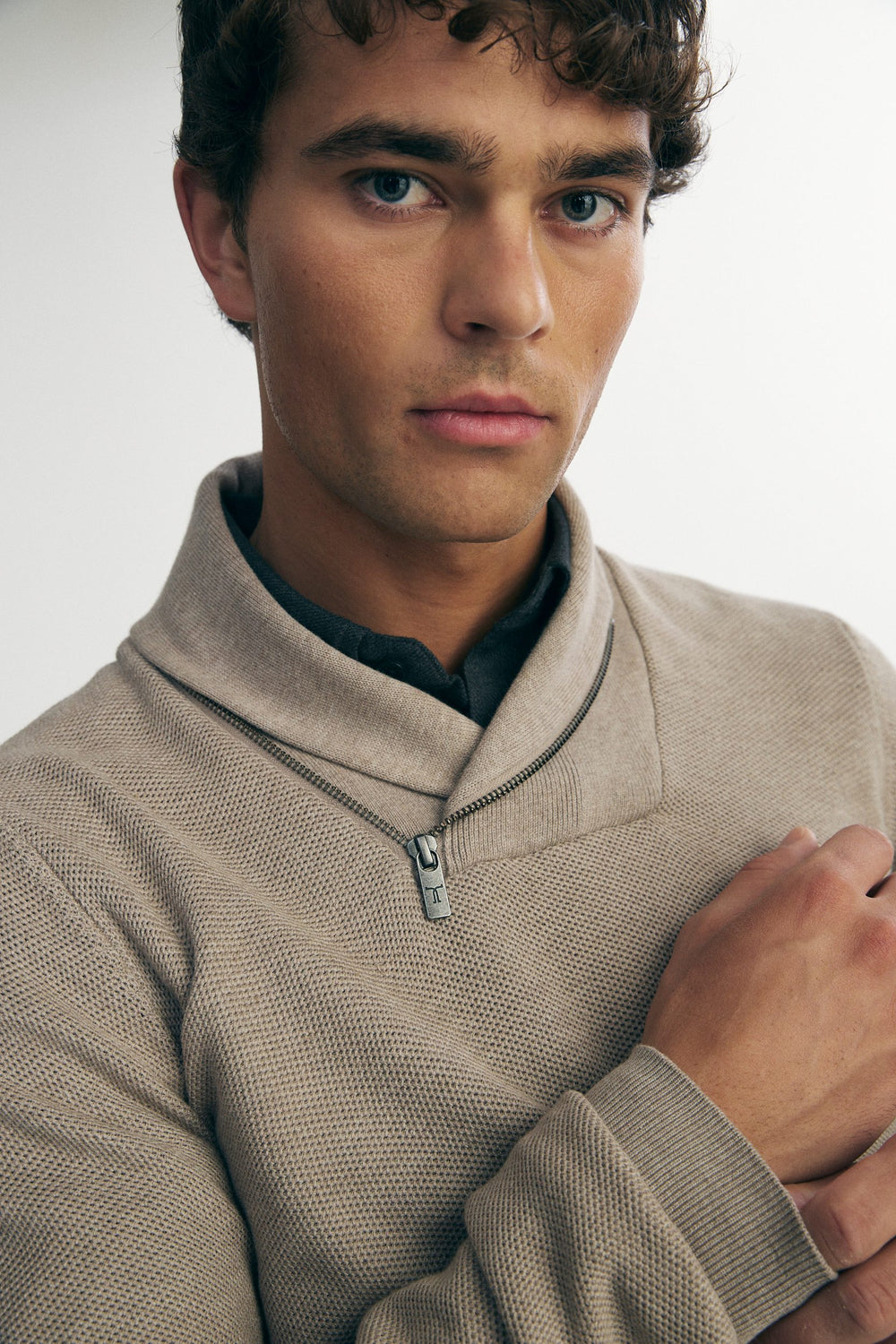 Textured shawl collar sweater