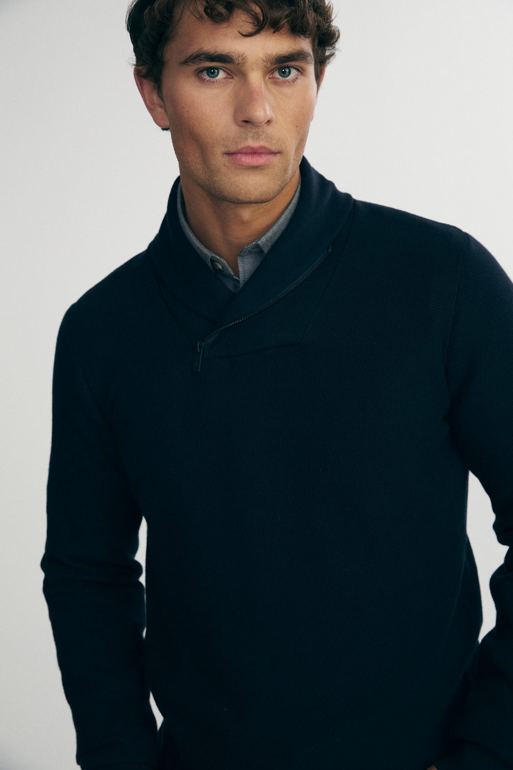 Textured shawl collar sweater