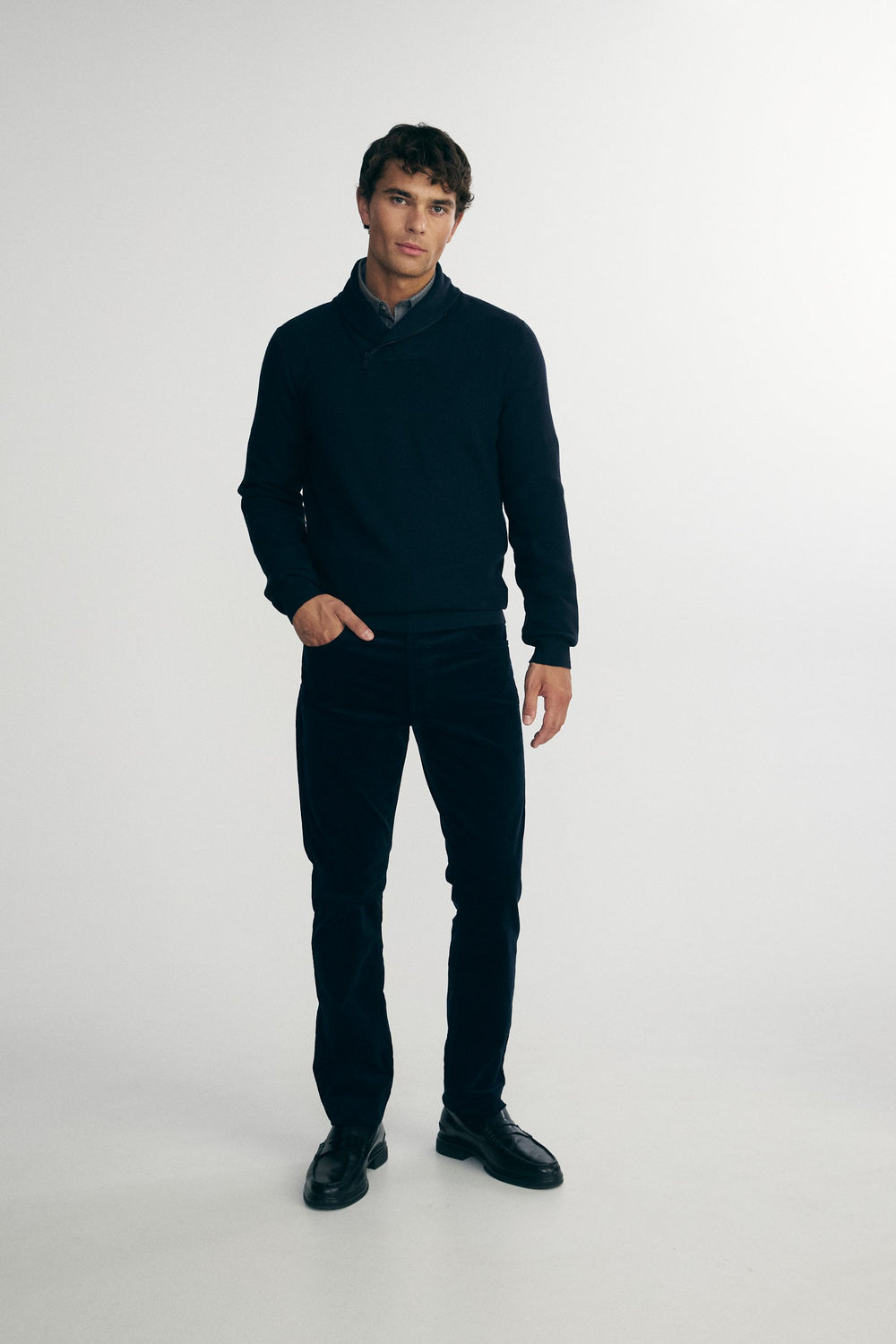 Textured shawl collar sweater