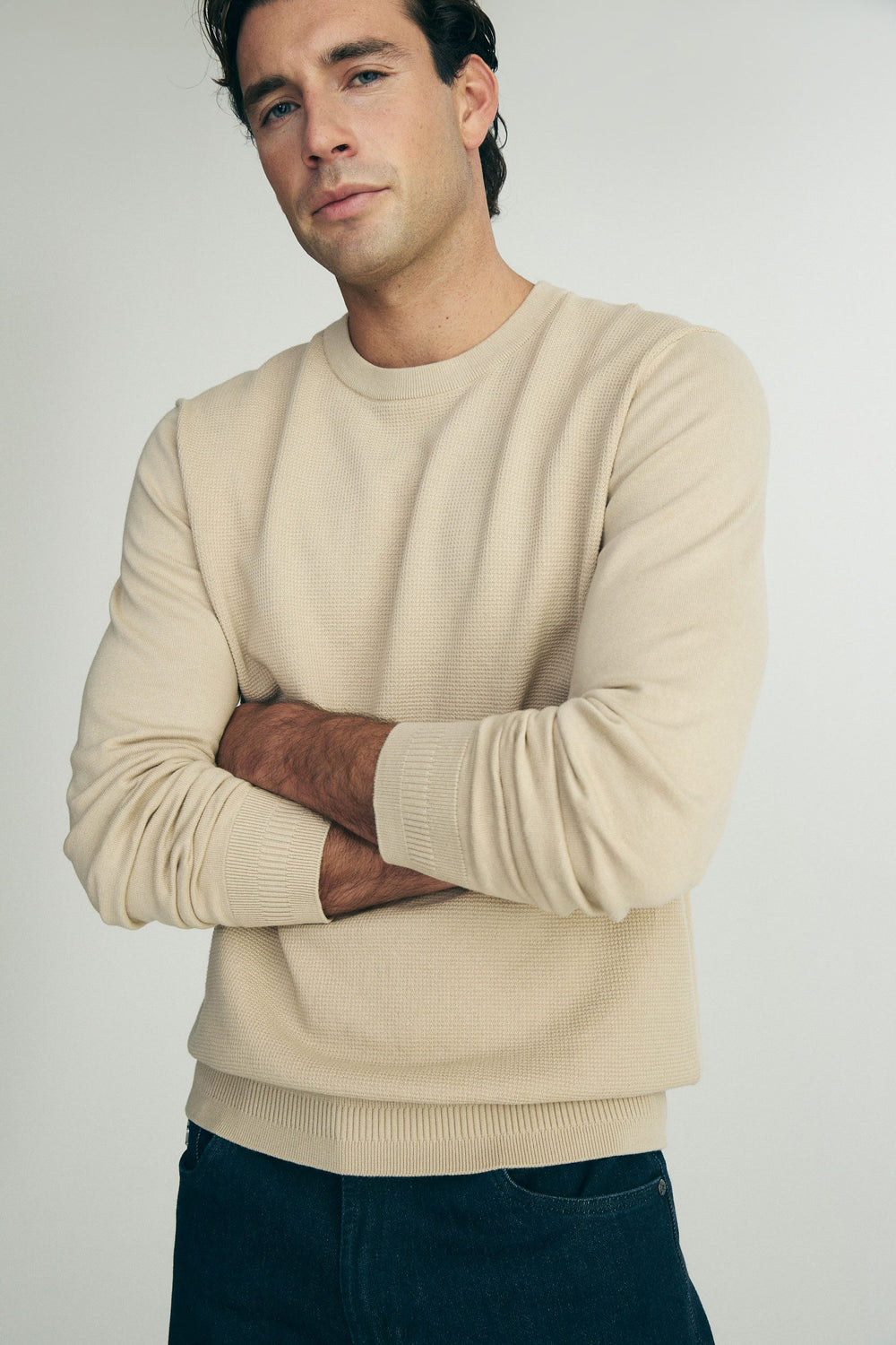 Textured front crew neck sweater