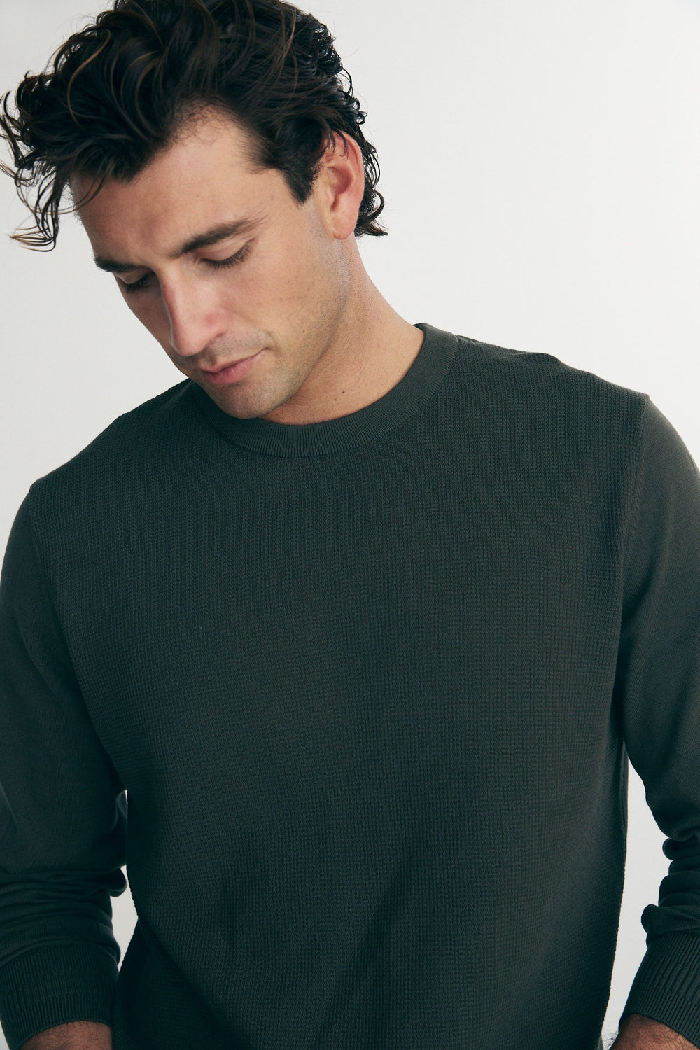 Textured front crew neck sweater