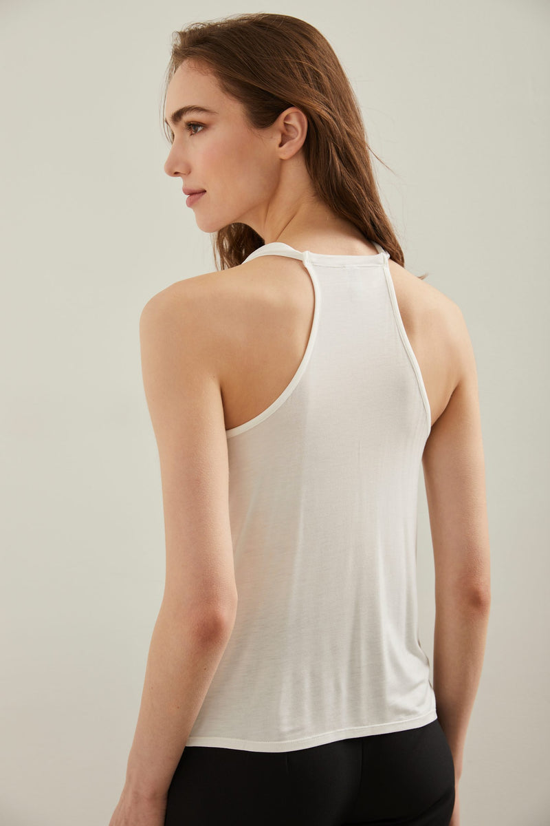 Sleeveless top with draped col