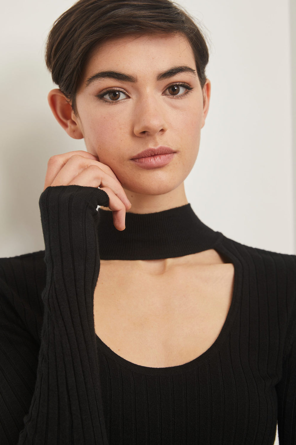 Scoop neck rib top with mock collar