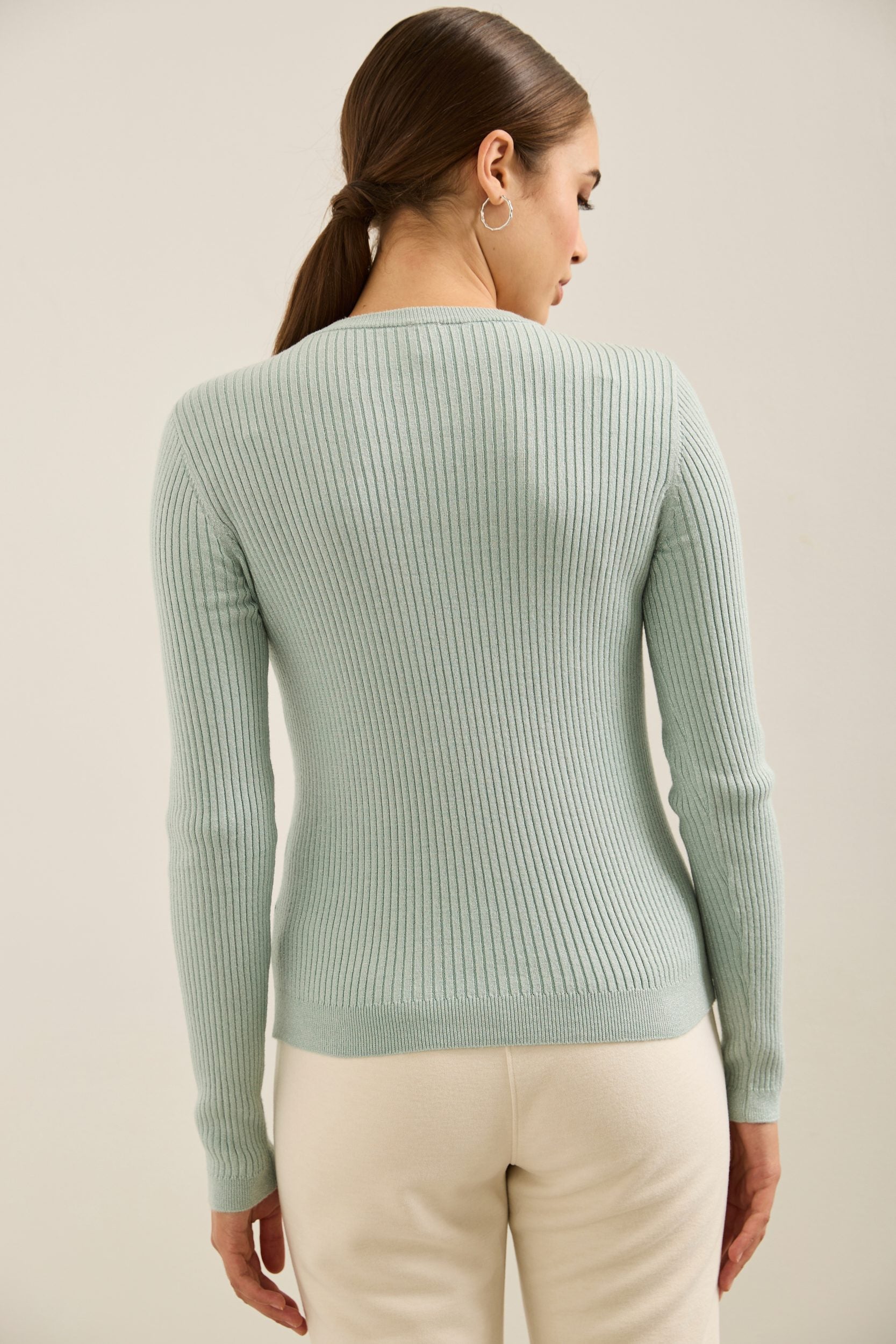 Metallic Effect Long Sleeve Ribbed Sweater