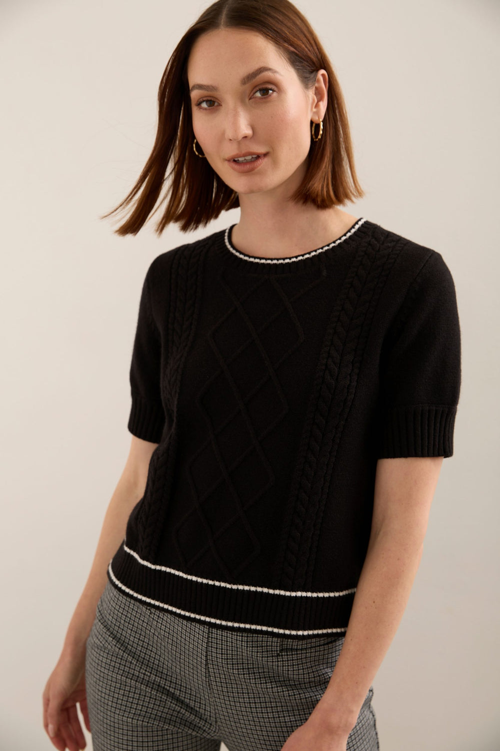 Short Sleeve Cable-Knit Sweater