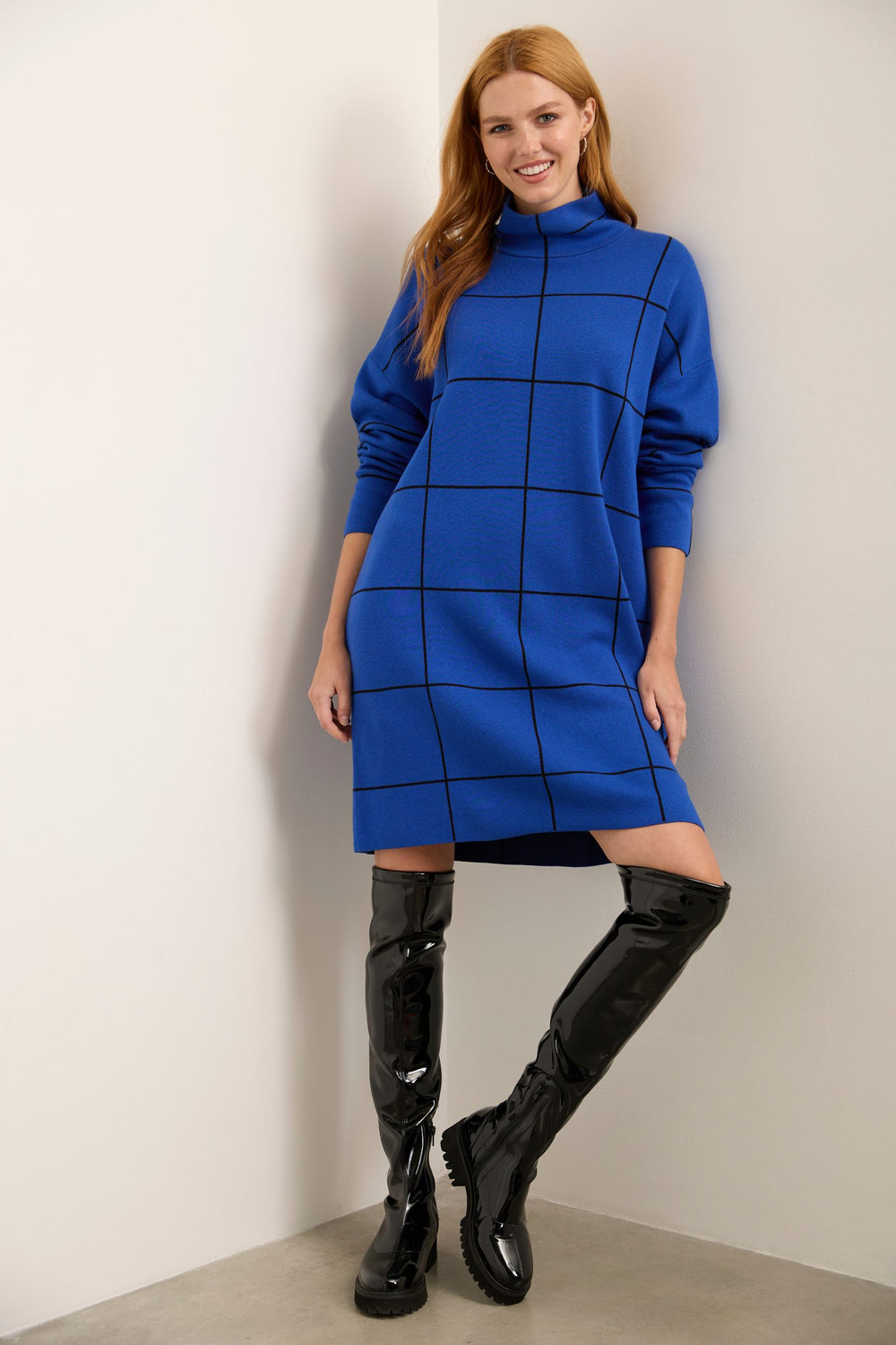 Mock Neck Knit Dress With Plaid Pattern