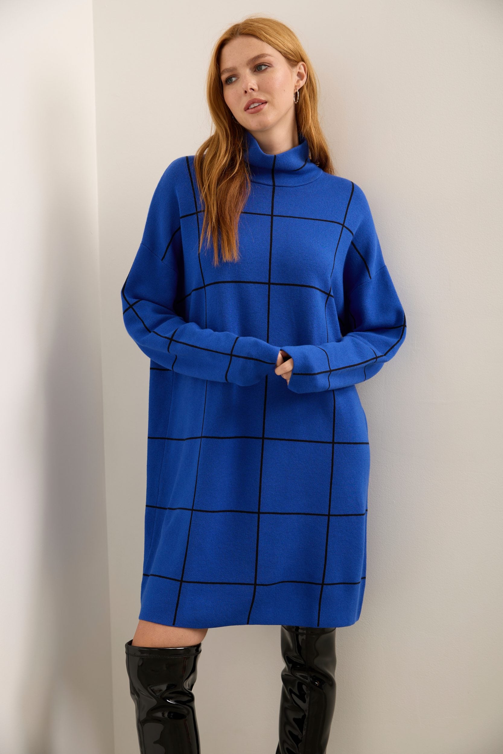 Mock Neck Knit Dress With Plaid Pattern