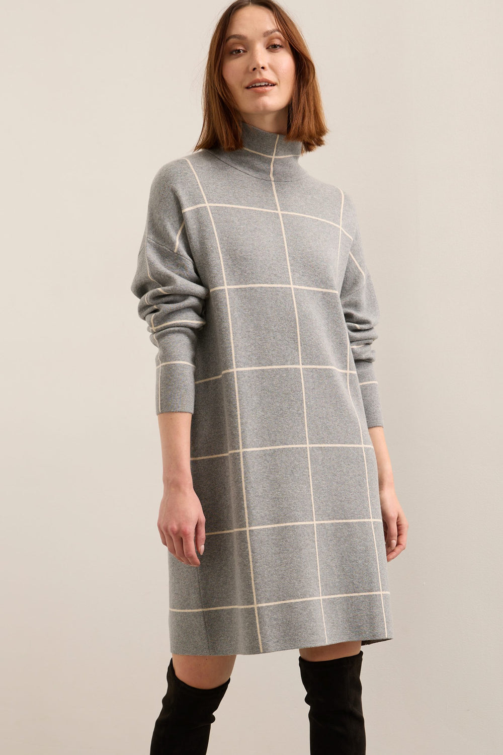 Mock Neck Knit Dress With Plaid Pattern