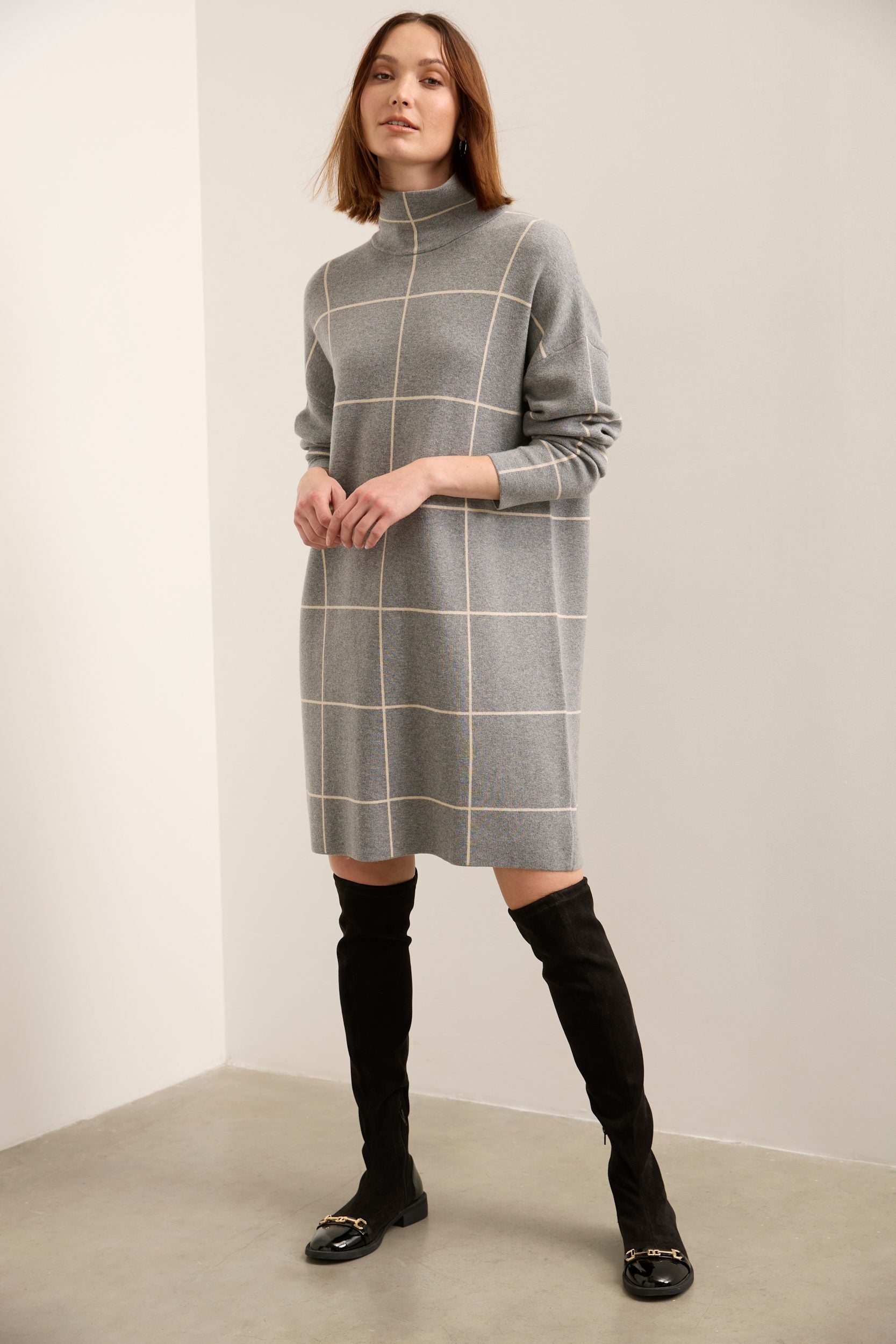 Mock Neck Knit Dress With Plaid Pattern