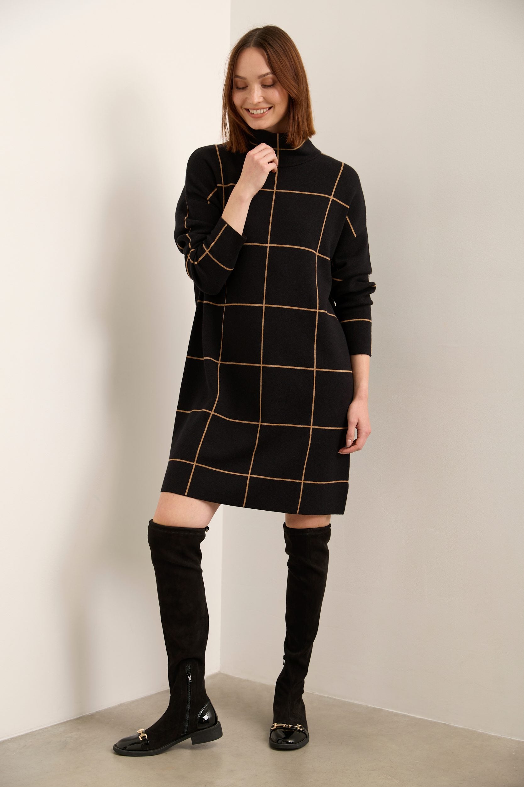 Mock Neck Knit Dress With Plaid Pattern