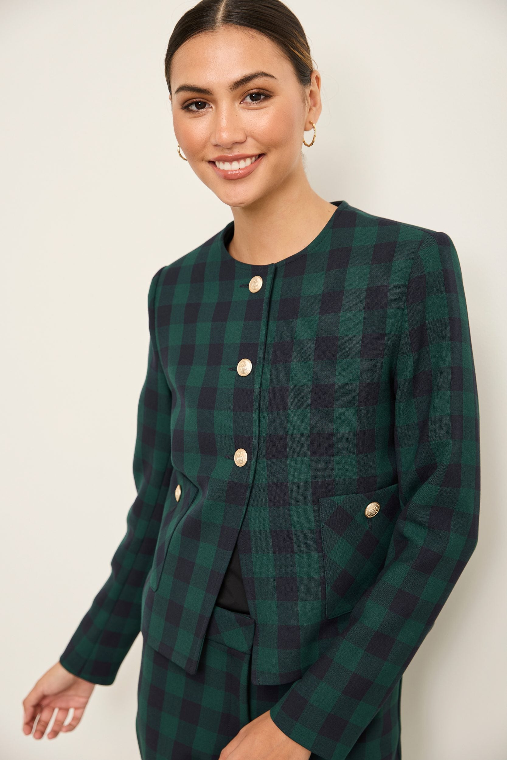 Plaid Crew Neck Blazer With Applied Pockets