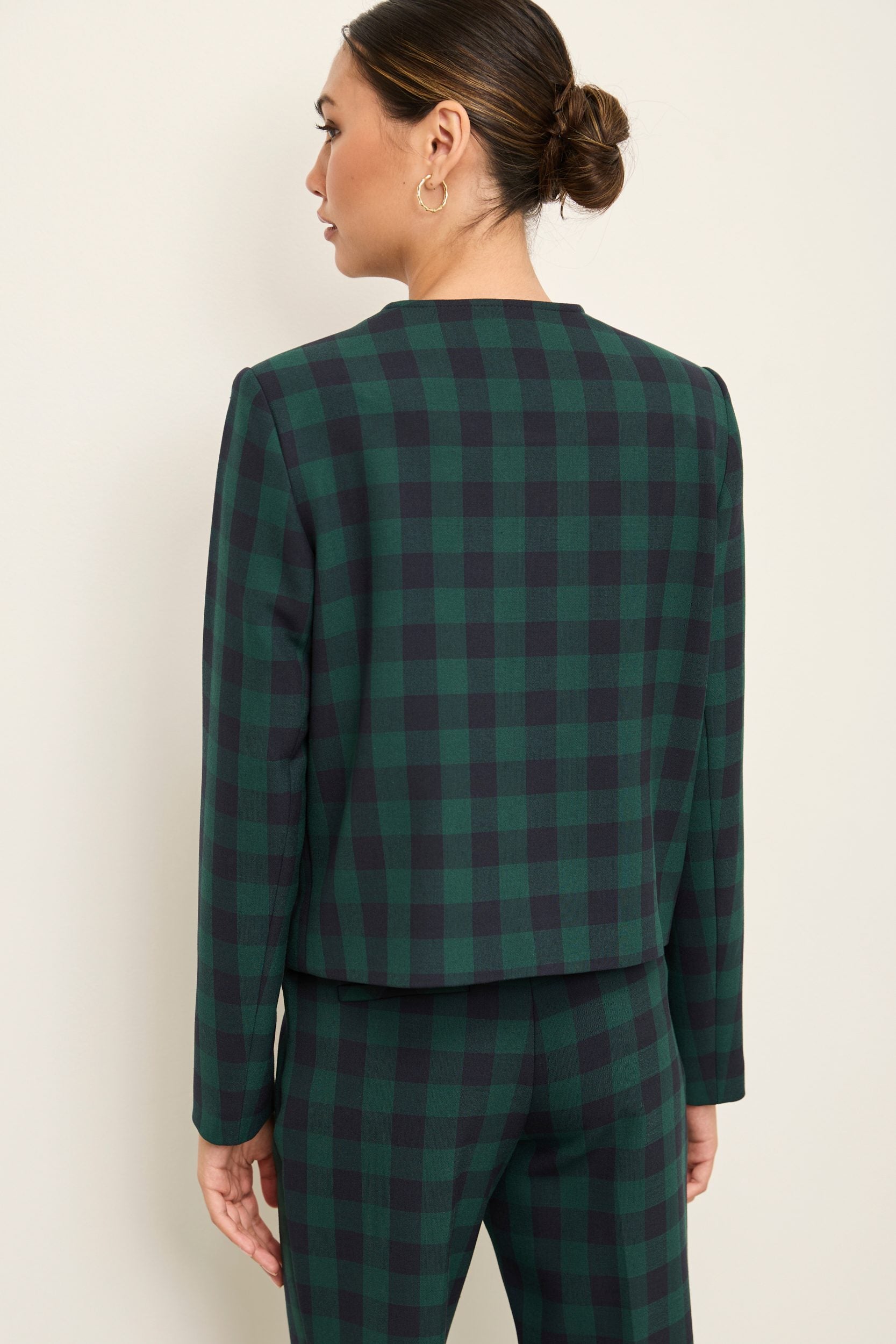 Plaid Crew Neck Blazer With Applied Pockets