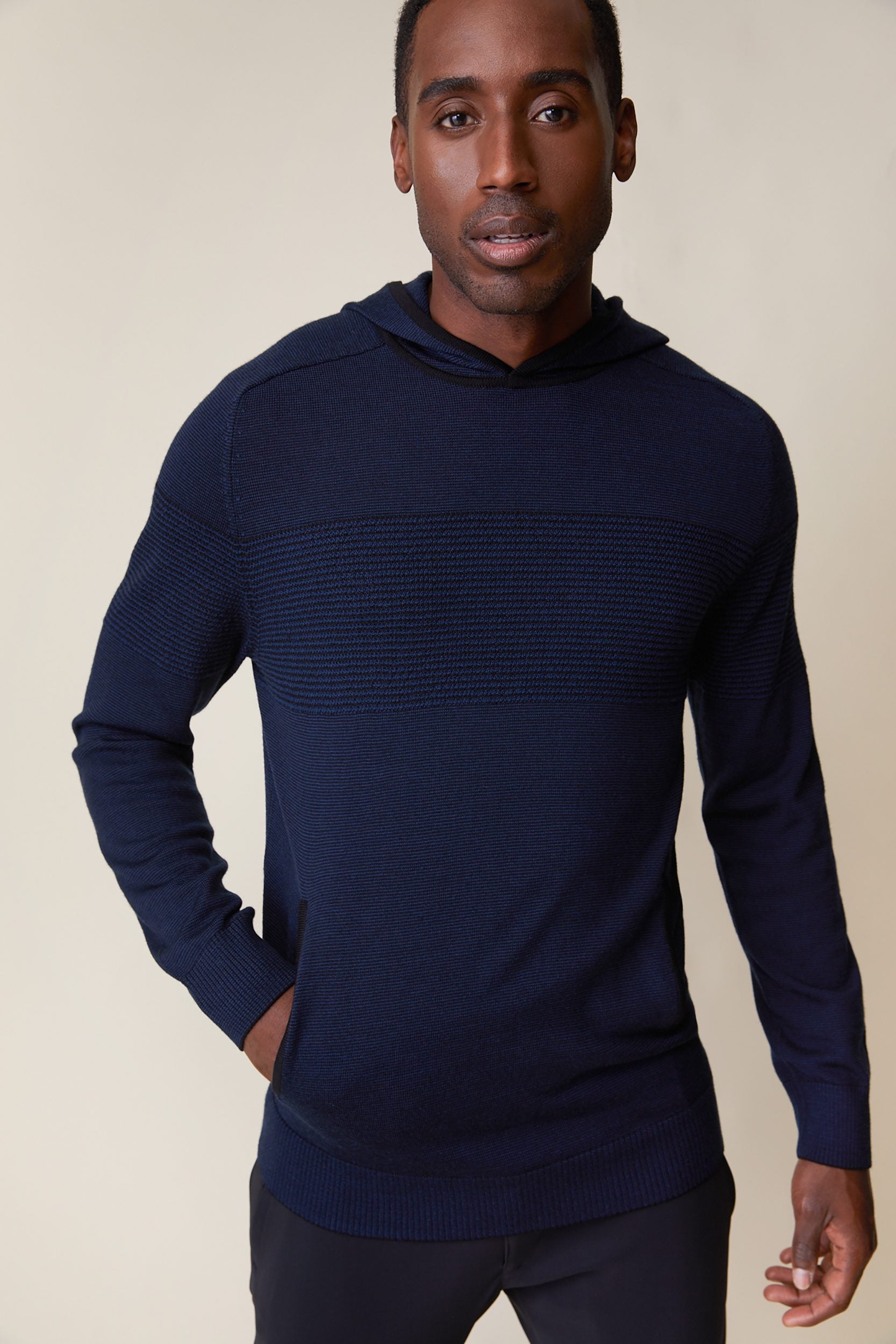 Two tone merino wool hooded sweater