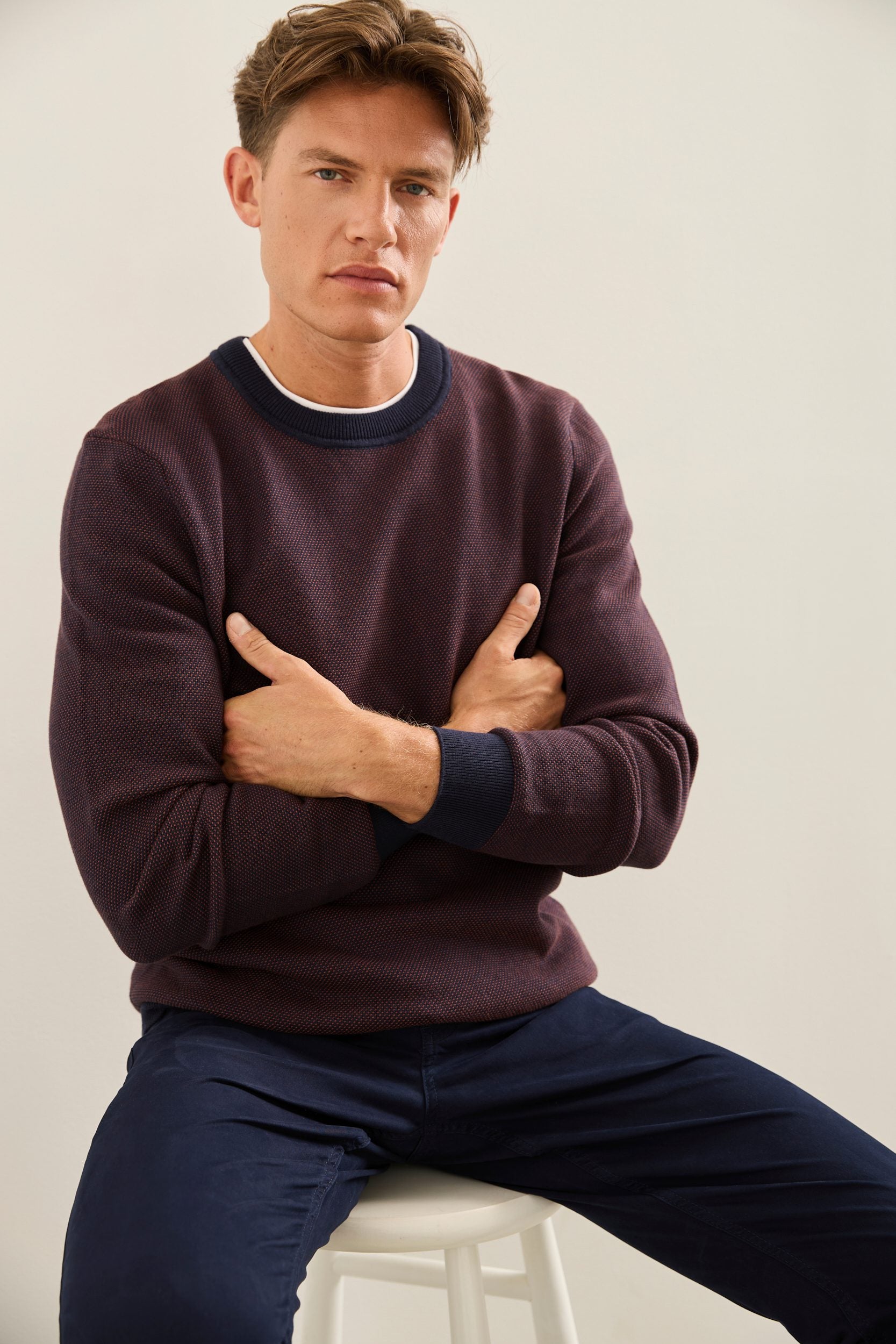 Two Tone Textured Crew Neck Sweater