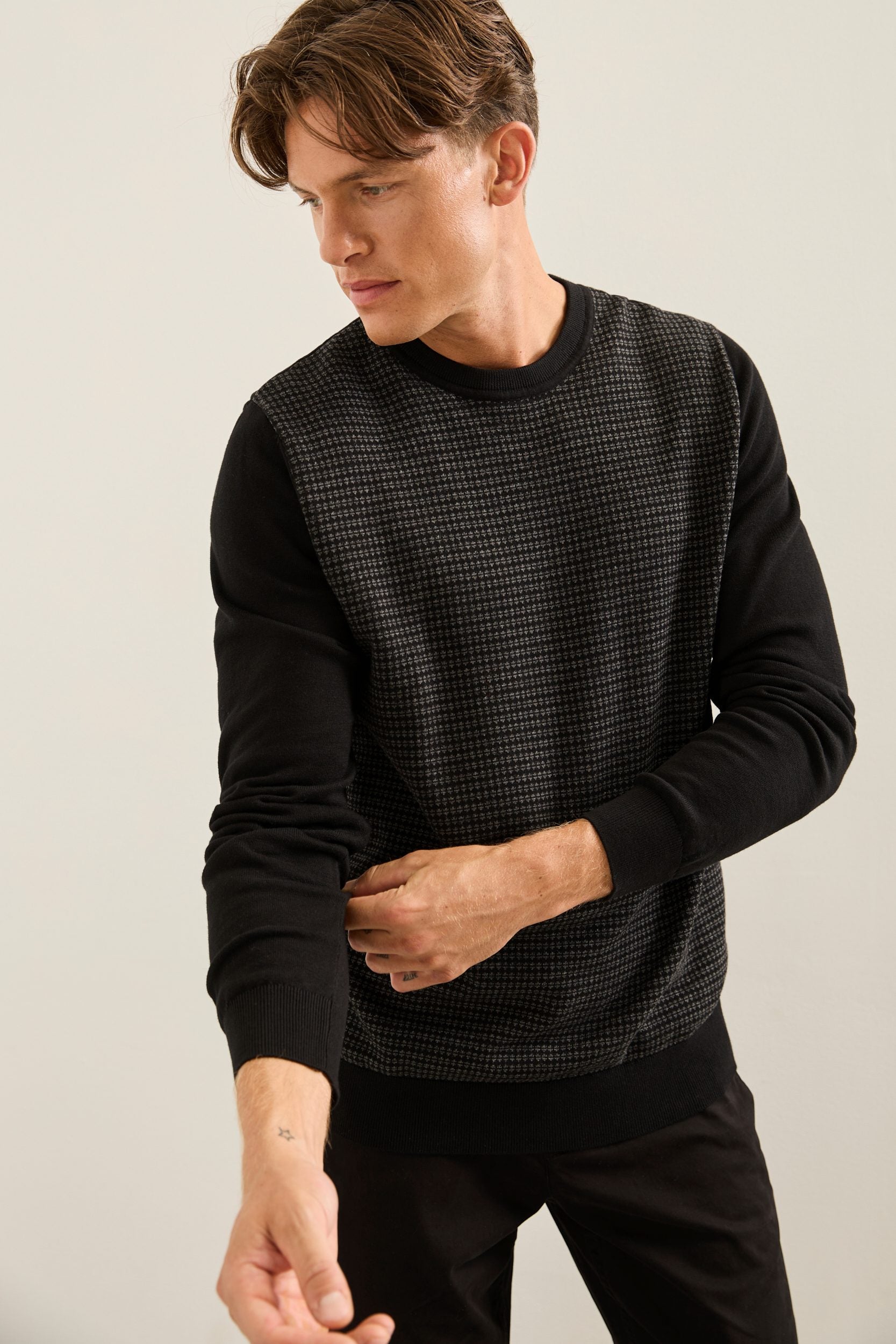 Jacquard Front Crew Neck Sweater