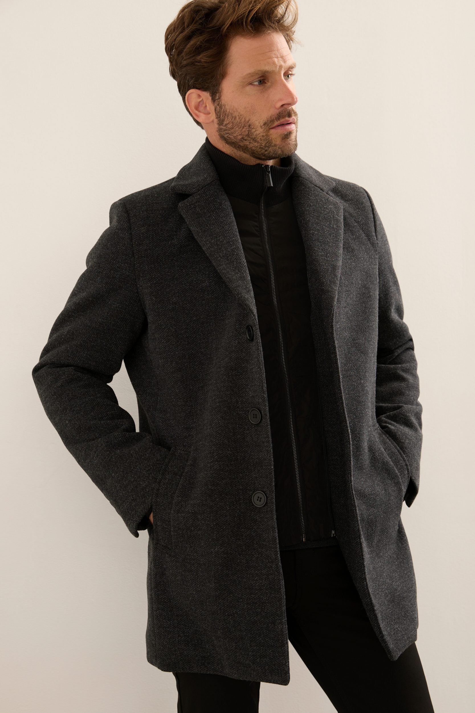 Removable Collar Herringbone Coat