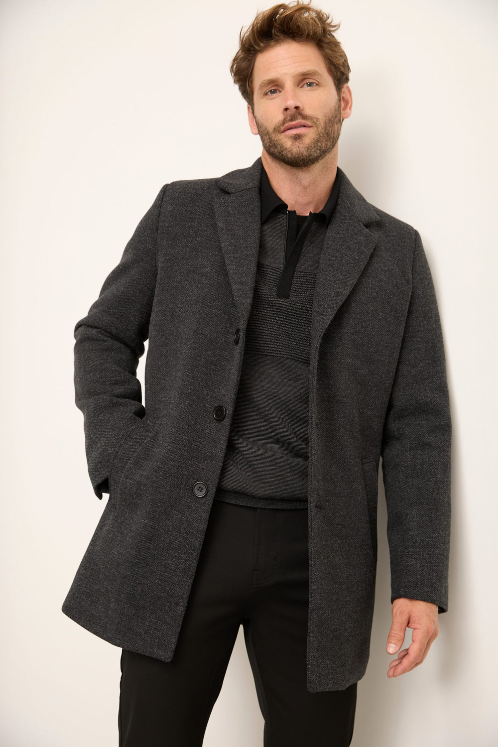 Removable Collar Herringbone Coat