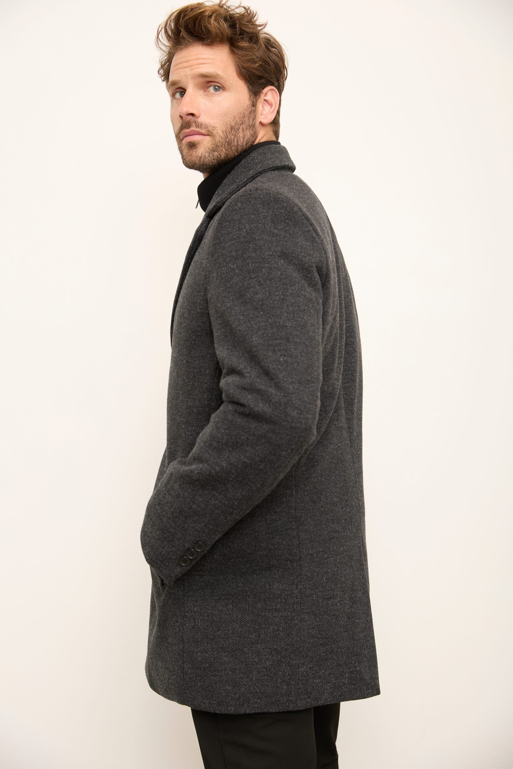 Removable Collar Herringbone Coat